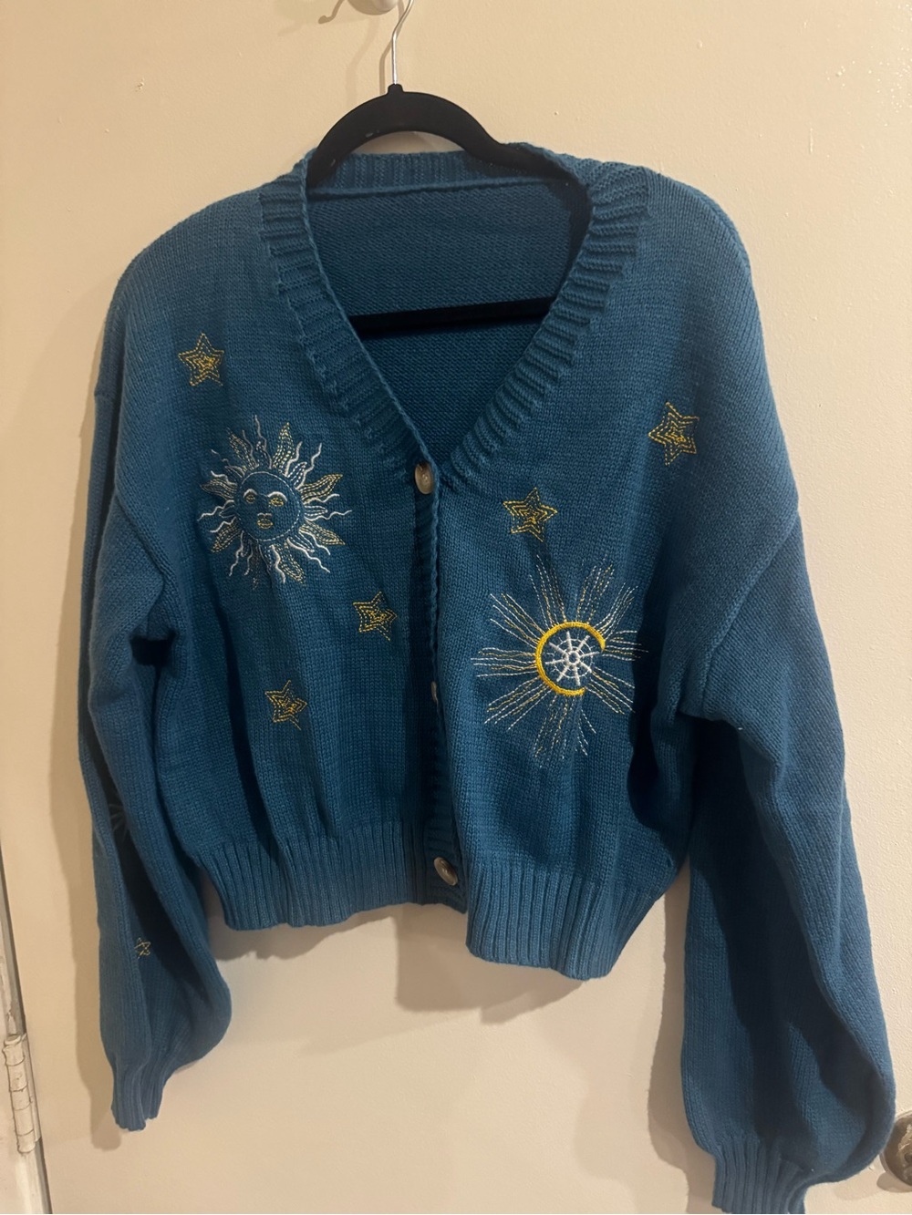 Embroidered Teal V-Neck Button Cardigan Sweater